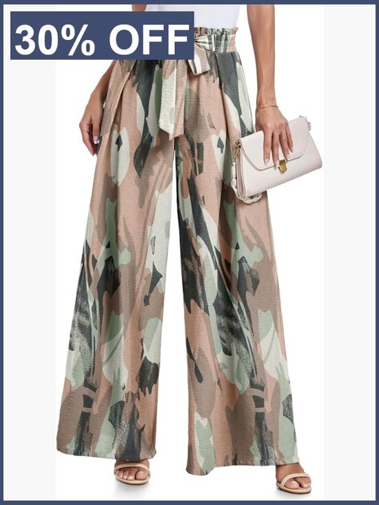 Pants - High Waisted Wide Leg Palazzo Pants with Pockets Flowy Tie Knot Trousers